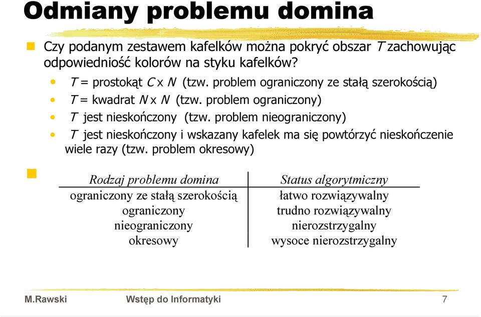 problem nieograniczony) T jest nieskończony i wskazany kafelek ma się powtórzyć nieskończenie wiele razy (tzw.