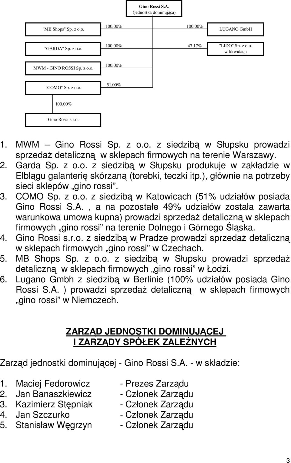 ), głównie na potrzeby sieci sklepów gino rossi. 3. COMO Sp. z o.o. z siedzibą w Katowicach (51% udziałów posiada Gino Rossi S.A.