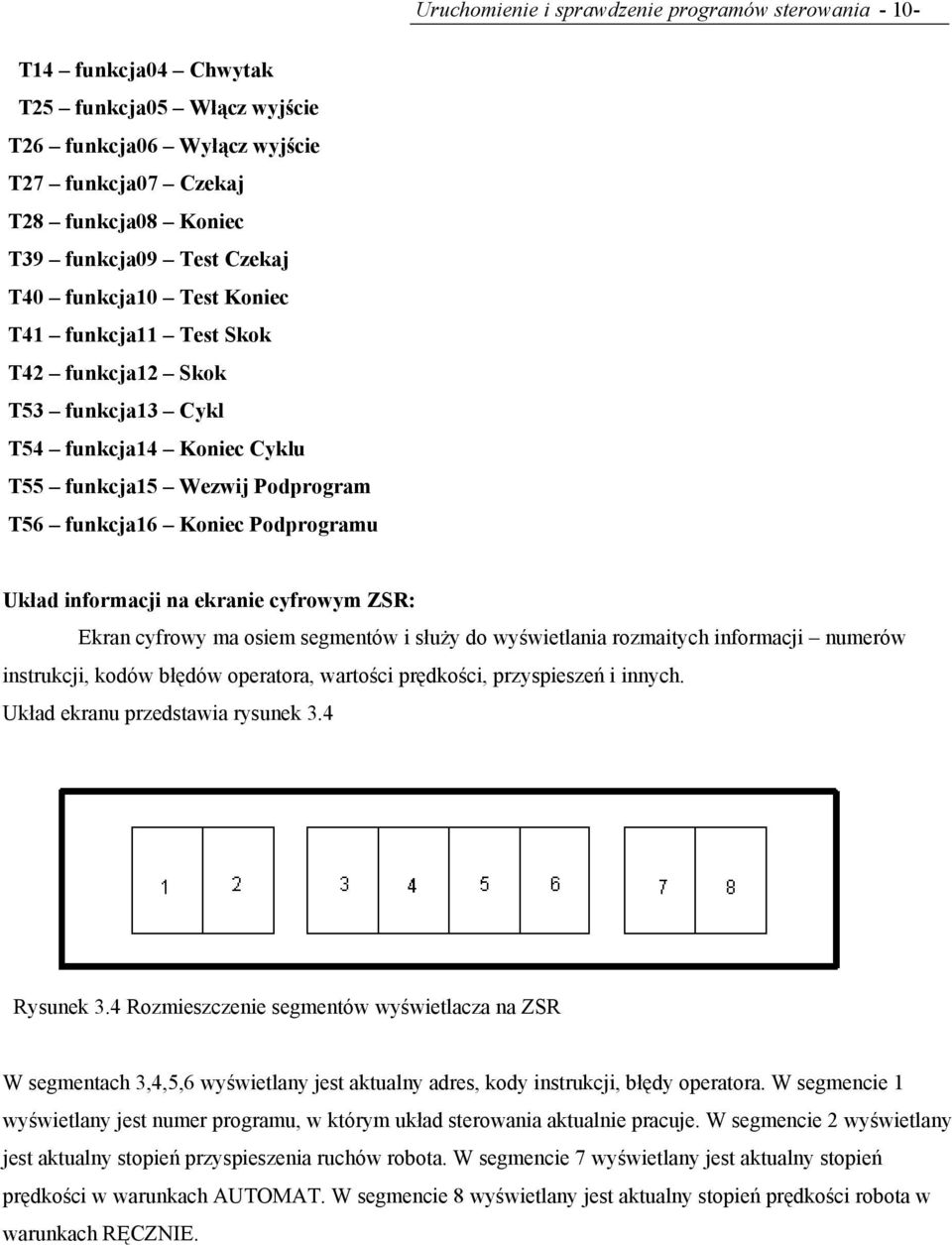 informacji na ekranie cyfrowym ZSR: Ekran cyfrowy ma osiem segmentów i służy do wyświetlania rozmaitych informacji numerów instrukcji, kodów błędów operatora, wartości prędkości, przyspieszeń i