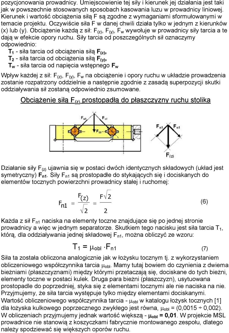 Obciążenie ażdą z sił: (z), (y), w wywołuje w prowadnicy siły tarcia a te dają w efecie opory ruchu.