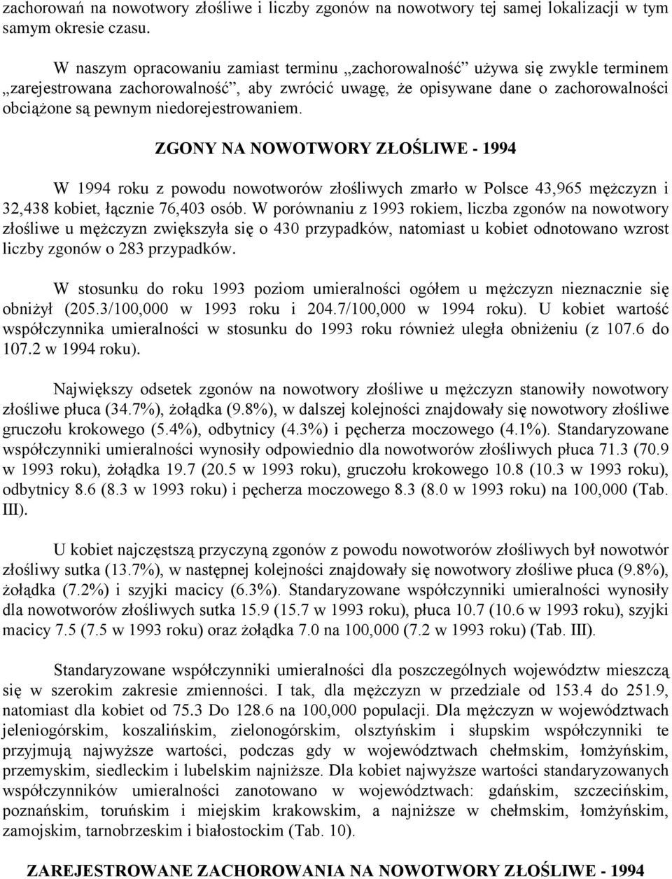 niedorejestrowaniem. ZGONY NA NOWOTWORY ZŁOŚLIWE - 1994 W 1994 roku z powodu nowotworów złośliwych zmarło w Polsce 43,965 mężczyzn i 32,438 kobiet, łącznie 76,403 osób.