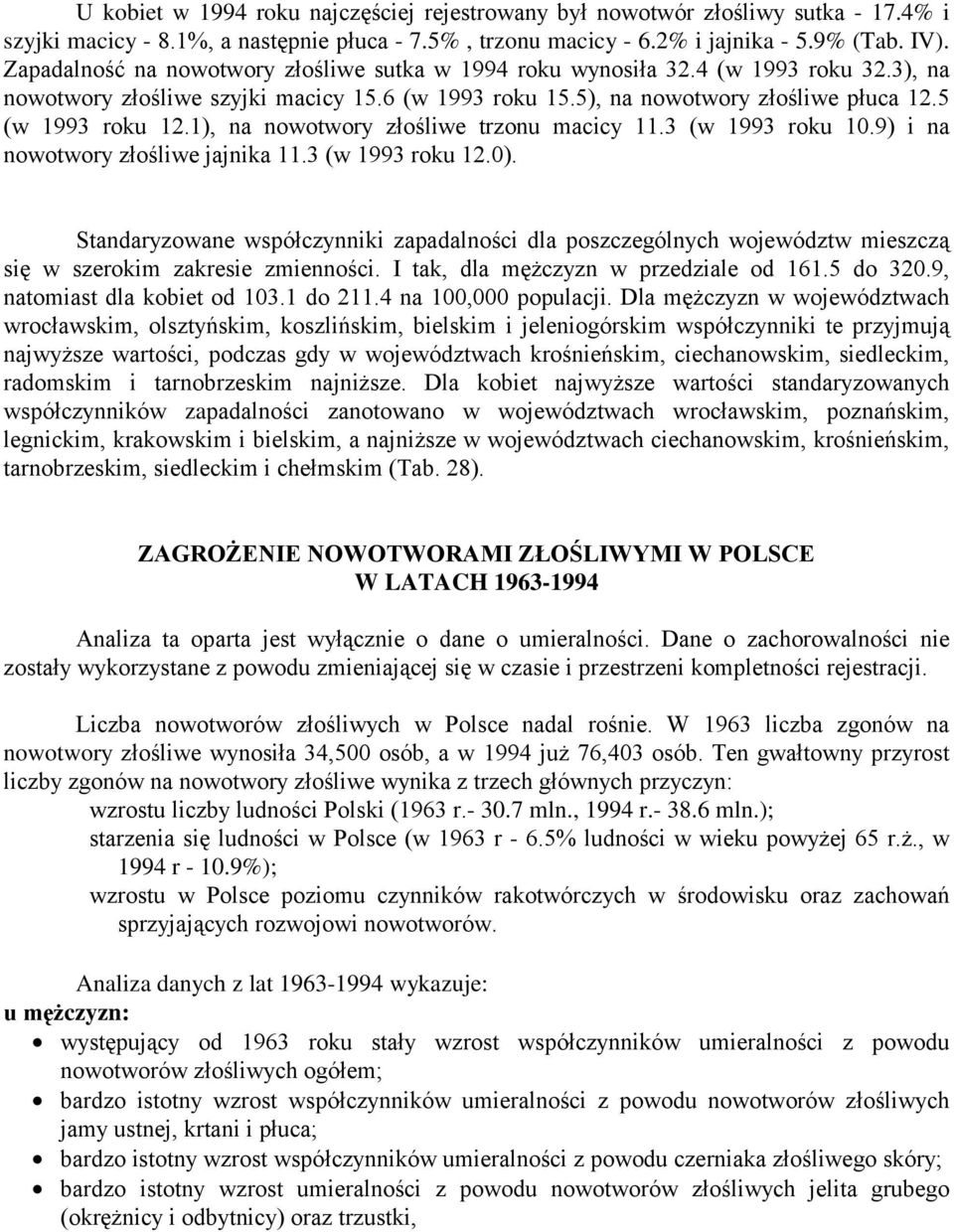 1), na nowotwory złośliwe trzonu macicy 11.3 (w 1993 roku 10.9) i na nowotwory złośliwe jajnika 11.3 (w 1993 roku 12.0).