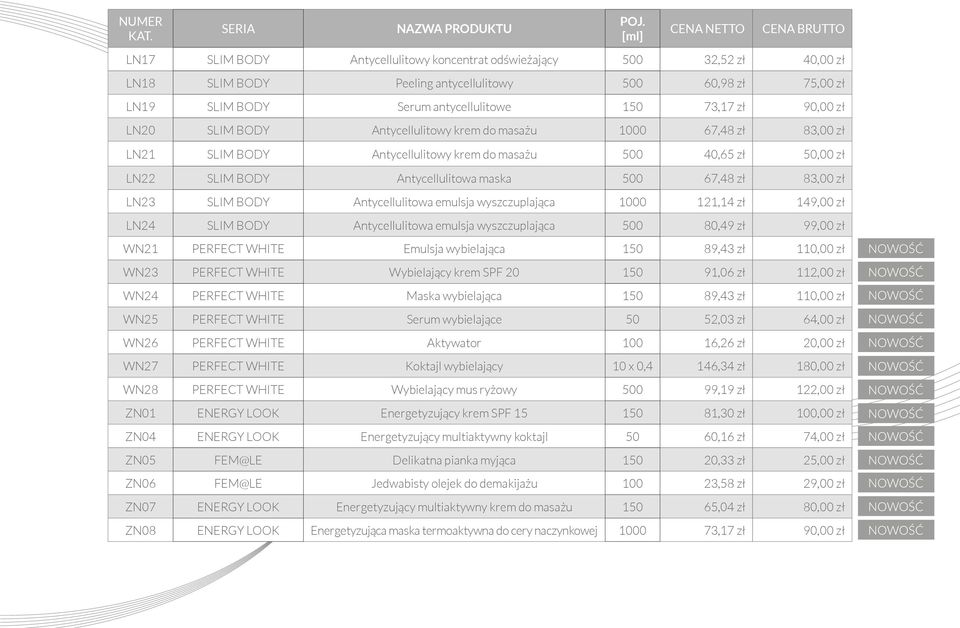 antycellulitowe 150 73,17 zł 90,00 zł LN20 SLIM BODY Antycellulitowy krem do masażu 1000 67,48 zł 83,00 zł LN21 SLIM BODY Antycellulitowy krem do masażu 500 40,65 zł 50,00 zł LN22 SLIM BODY