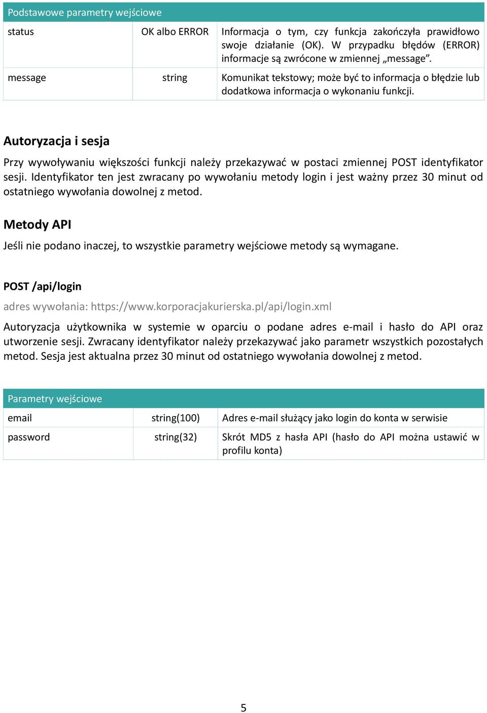 Metody API Jeśli nie podano inaczej, to wszystkie parametry wejściowe metody są wymagane. POST /api/login adres wywołania: https://www.korporacjakurierska.pl/api/login.