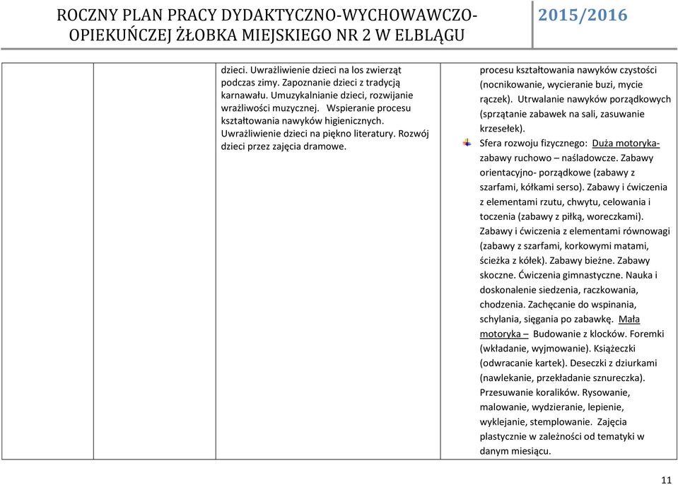 procesu kształtowania nawyków czystości (nocnikowanie, wycieranie buzi, mycie rączek). Utrwalanie nawyków porządkowych (sprzątanie zabawek na sali, zasuwanie krzesełek).