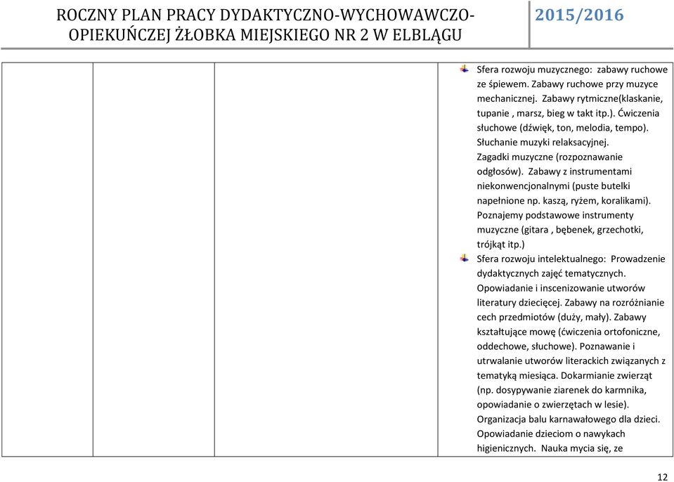 kaszą, ryżem, koralikami). Poznajemy podstawowe instrumenty muzyczne (gitara, bębenek, grzechotki, trójkąt itp.) Sfera rozwoju intelektualnego: Prowadzenie dydaktycznych zajęć tematycznych.