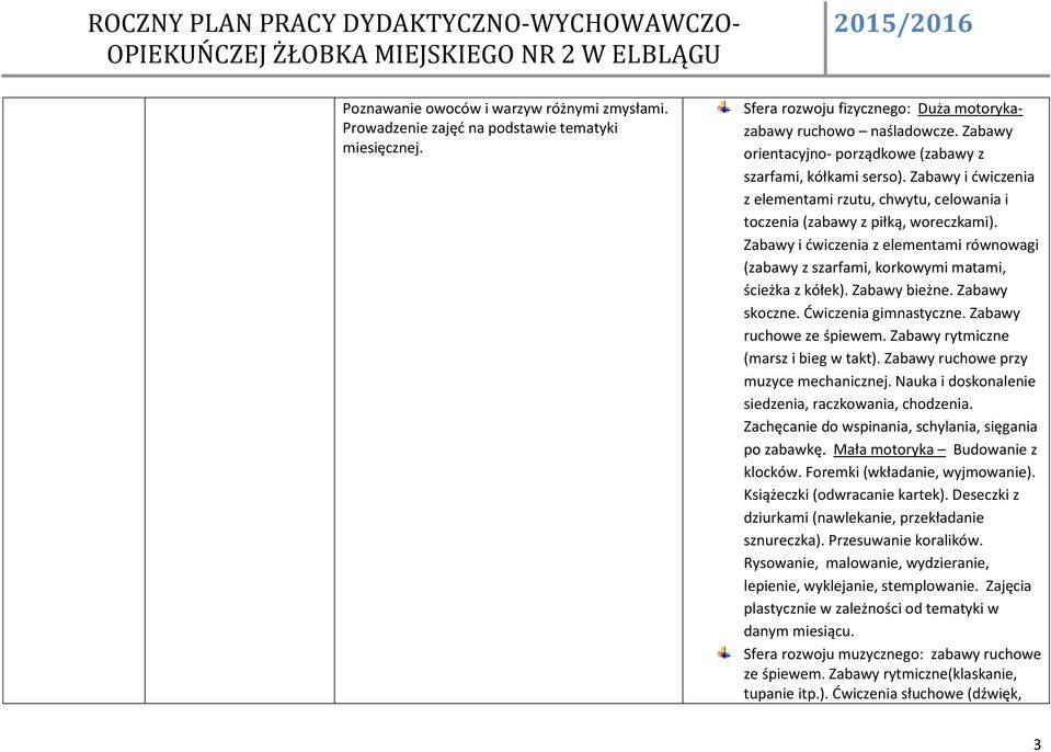 Zabawy i ćwiczenia z elementami równowagi (zabawy z szarfami, korkowymi matami, ścieżka z kółek). Zabawy bieżne. Zabawy skoczne. Ćwiczenia gimnastyczne. Zabawy ruchowe ze śpiewem.