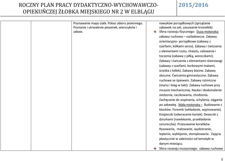 Zabawy i ćwiczenia z elementami rzutu, chwytu, celowania i toczenia (zabawy z piłką, woreczkami). Zabawy i ćwiczenia z elementami równowagi (zabawy z szarfami, korkowymi matami, ścieżka z kółek).