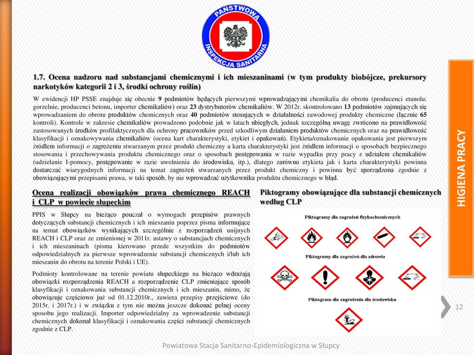 skontrolowano 13 podmiotów zajmujących się wprowadzaniem do obrotu produktów chemicznych oraz 40 podmiotów stosujących w działalności zawodowej produkty chemiczne (łącznie 65 kontroli).