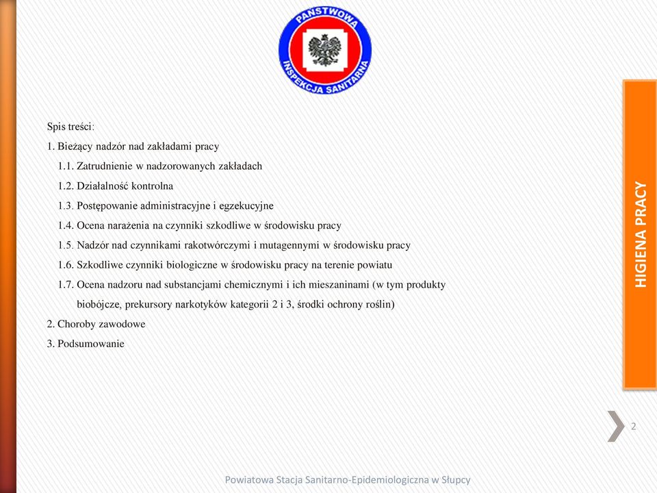 Nadzór nad czynnikami rakotwórczymi i mutagennymi w środowisku pracy 1.6. Szkodliwe czynniki biologiczne w środowisku pracy na terenie powiatu 1.7.