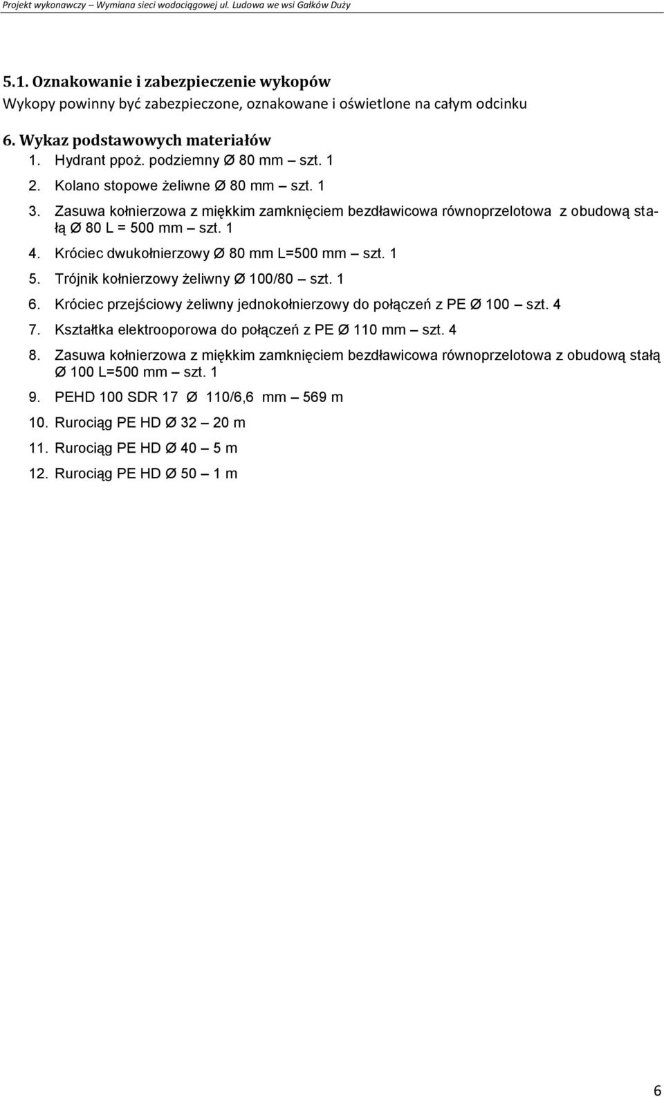 1 5. Trójnik kołnierzowy żeliwny Ø 100/80 szt. 1 6. Króciec przejściowy żeliwny jednokołnierzowy do połączeń z PE Ø 100 szt. 4 7. Kształtka elektrooporowa do połączeń z PE Ø 110 mm szt. 4 8.