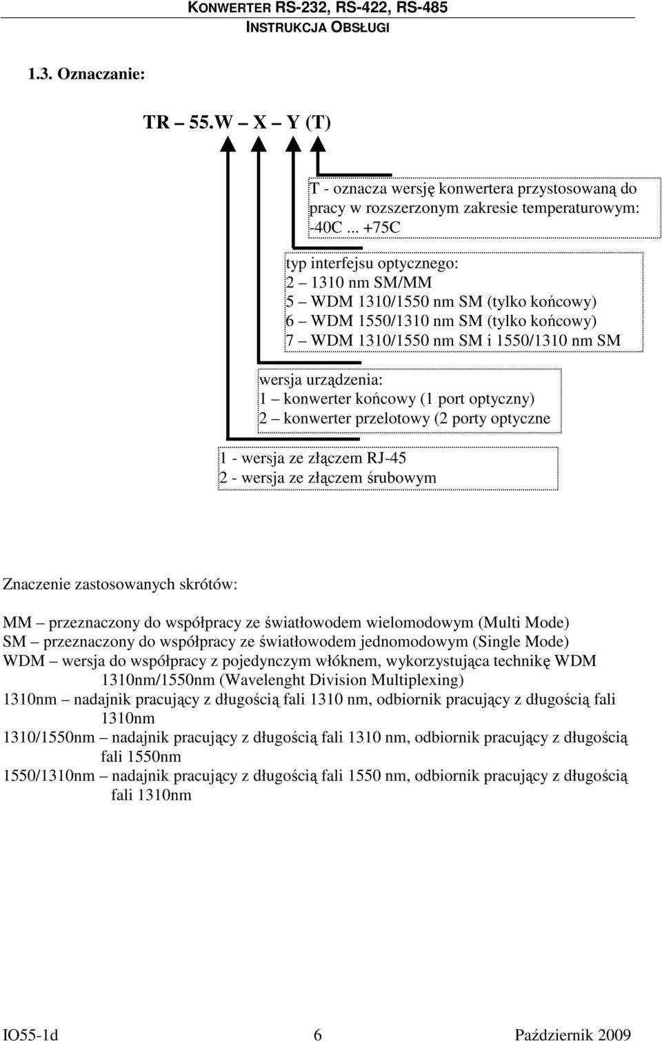 końcowy (1 port optyczny) 2 konwerter przelotowy (2 porty optyczne 1 - wersja ze złączem RJ-45 2 - wersja ze złączem śrubowym Znaczenie zastosowanych skrótów: MM przeznaczony do współpracy ze