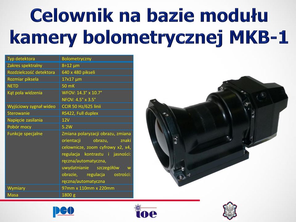 5 Wyjściowy sygnał wideo CCIR 50 Hz/625 linii Sterowanie RS422, Full duplex Napięcie zasilania 12V Pobór mocy 5.