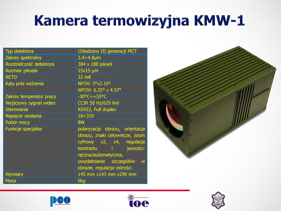 57 Zakres temperatur pracy -30 C +55 C Wyjściowy sygnał wideo CCIR 50 Hz/625 linii Sterowanie RS422, Full duplex Napięcie zasilania 18 32V Pobór