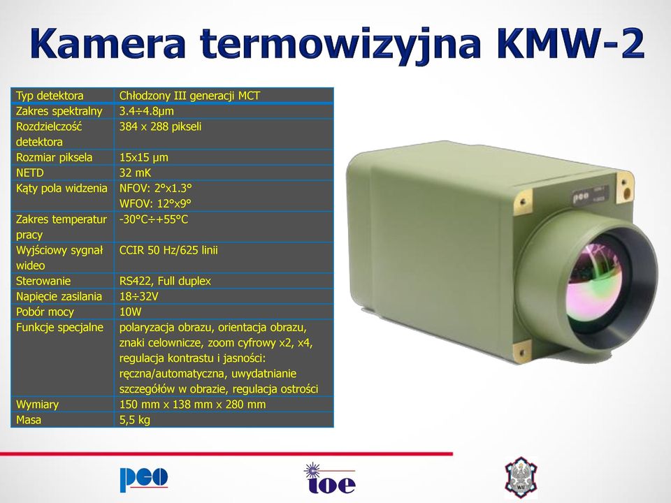 3 WFOV: 12 x9 Zakres temperatur -30 C +55 C pracy Wyjściowy sygnał CCIR 50 Hz/625 linii wideo Sterowanie RS422, Full duplex Napięcie zasilania 18