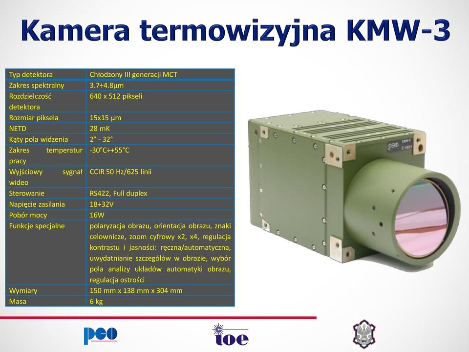 sygnał CCIR 50 Hz/625 linii wideo Sterowanie RS422, Full duplex Napięcie zasilania 18 32V Pobór mocy 16W Funkcje specjalne polaryzacja obrazu, orientacja