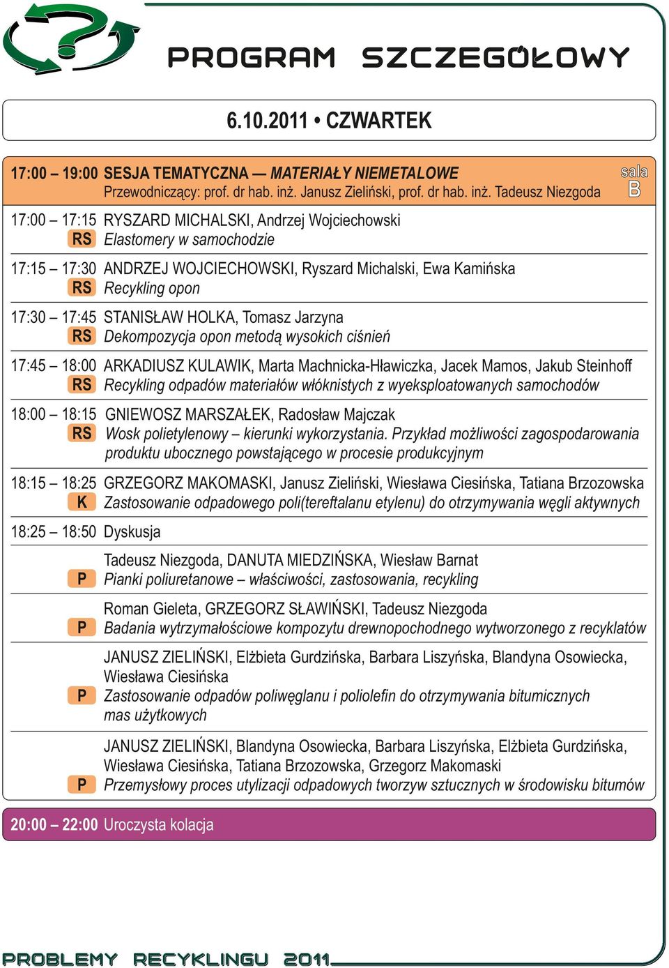 Tadeusz Niezgoda B 17:00 17:15 RYSZARD MICHALSKI, Andrzej Wojciechowski RS Elastomery w samochodzie 17:15 17:30 ANDRZEJ WOJCIECHOWSKI, Ryszard Michalski, Ewa Kamińska RS Recykling opon 17:30 17:45