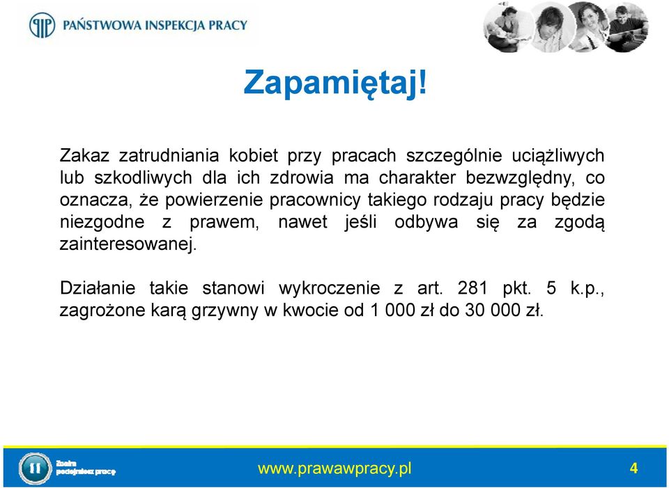 charakter bezwzględny, co oznacza, że powierzenie pracownicy takiego rodzaju pracy będzie niezgodne z