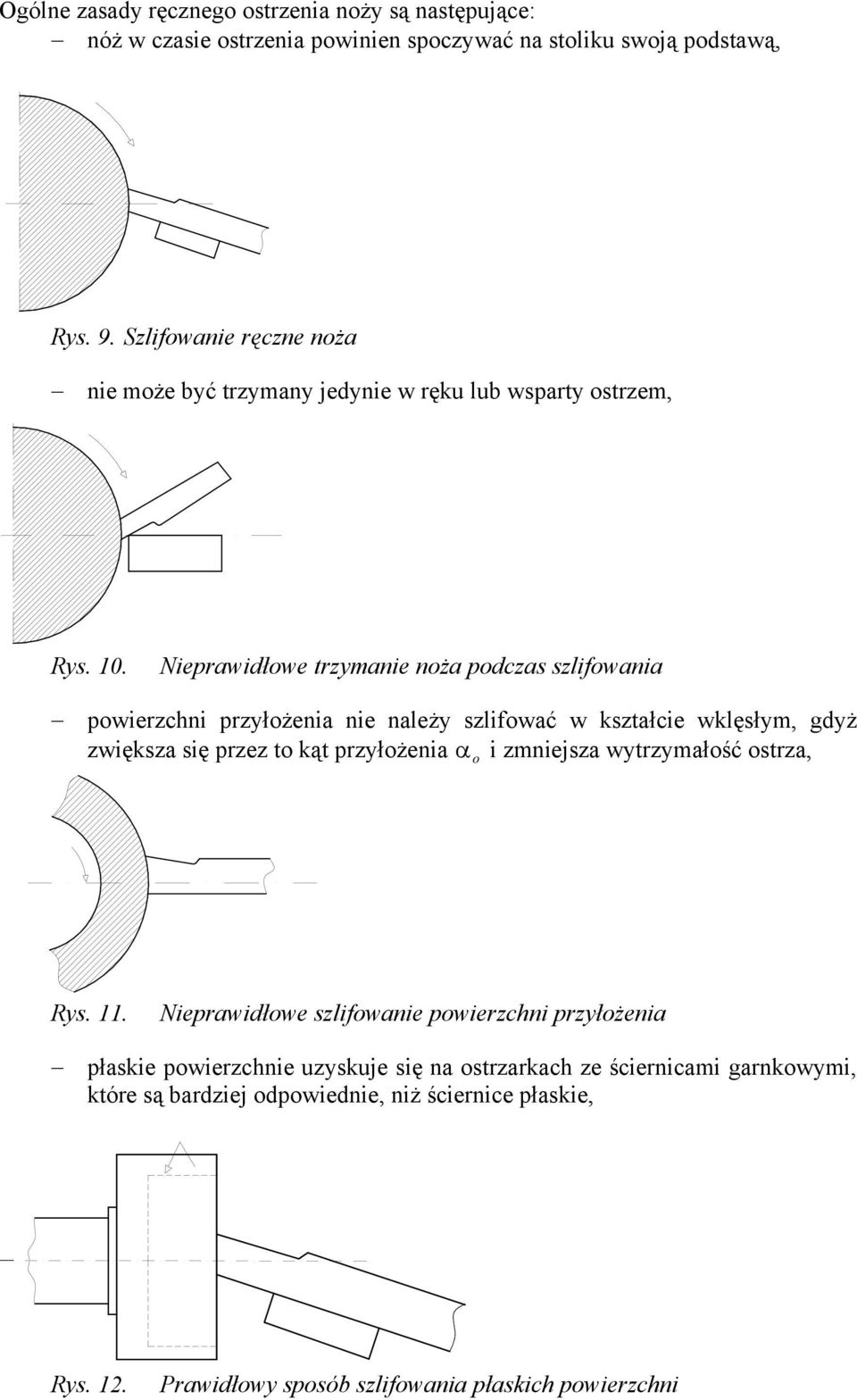 Nieprawidłwe trzymanie nża pdczas szlifwania pwierzchni przyłżenia nie należy szlifwać w kształcie wklęsłym, gdyż zwiększa się przez t kąt przyłżenia α i