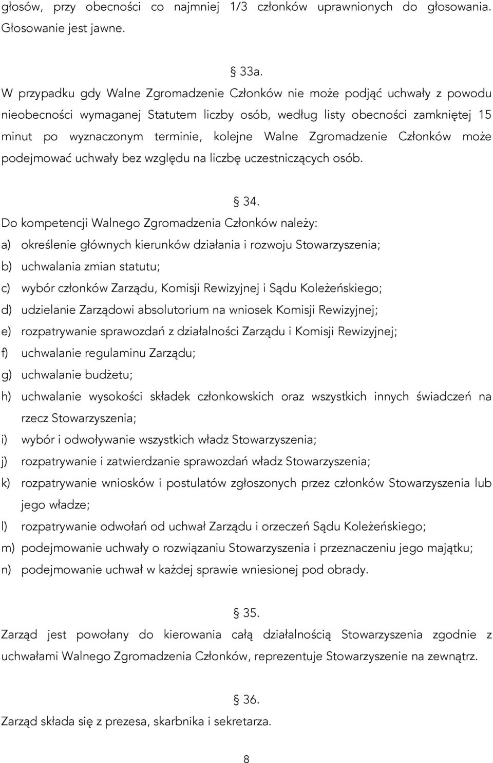 Walne Zgromadzenie Członków może podejmować uchwały bez względu na liczbę uczestniczących osób. 34.