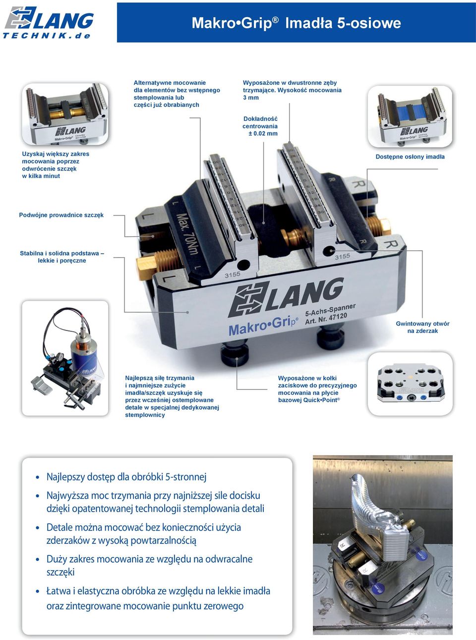 02 Item # 47120 Makro Grip 5-Axis-Vice Uzyskaj większy zakres mocowania poprzez odwrócenie szczęk w kilka minut Dostępne osłony imadła Podwójne prowadnice szczęk Stabilna i solidna podstawa lekkie i