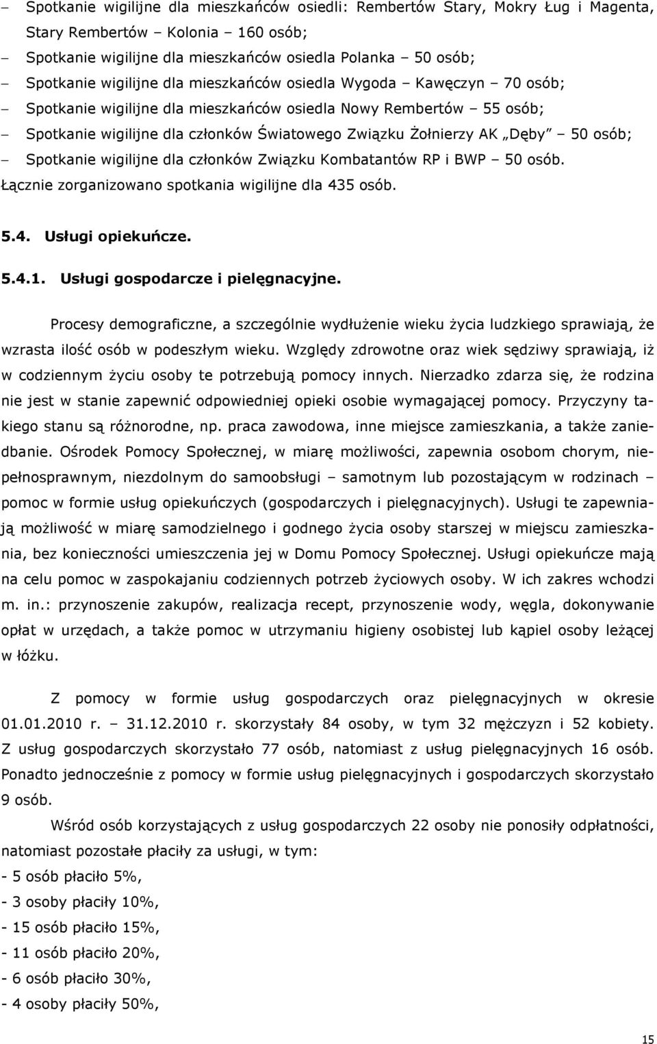 Spotkanie wigilijne dla członków Związku Kombatantów RP i BWP 50 osób. Łącznie zorganizowano spotkania wigilijne dla 435 osób. 5.4. Usługi opiekuńcze. 5.4.1. Usługi gospodarcze i pielęgnacyjne.