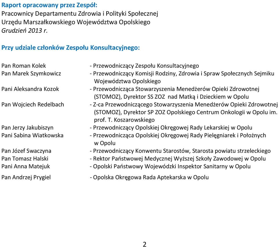 Tomasz Halski Pani Anna Matejuk Pan Andrzej Prygiel - Przewodniczący Zespołu Konsultacyjnego - Przewodniczący Komisji Rodziny, Zdrowia i Spraw Społecznych Sejmiku Województwa Opolskiego -