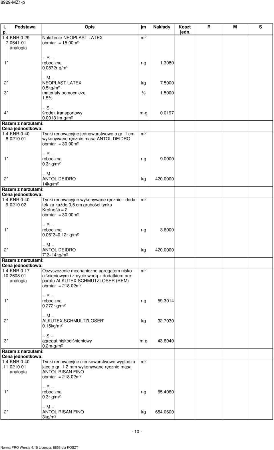 9 0210-02 Tynki renowacyjne wykonywane ręcznie - dodatek za każde 0,5 cm grubości tynku Krotność = 2 obmiar = 30.00 0.06*2=0.12r-g/ r-g 3.6000 kg 420.0000 2* ANTO DEIDRO 7*2=14kg/.