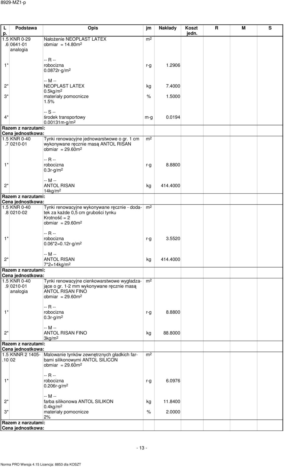 8 0210-02 Tynki renowacyjne wykonywane ręcznie - dodatek za każde 0,5 cm grubości tynku Krotność = 2 obmiar = 29.60 0.06*2=0.12r-g/ r-g 3.5520 kg 414.4000 2* ANTO RISAN 7*2=14kg/.