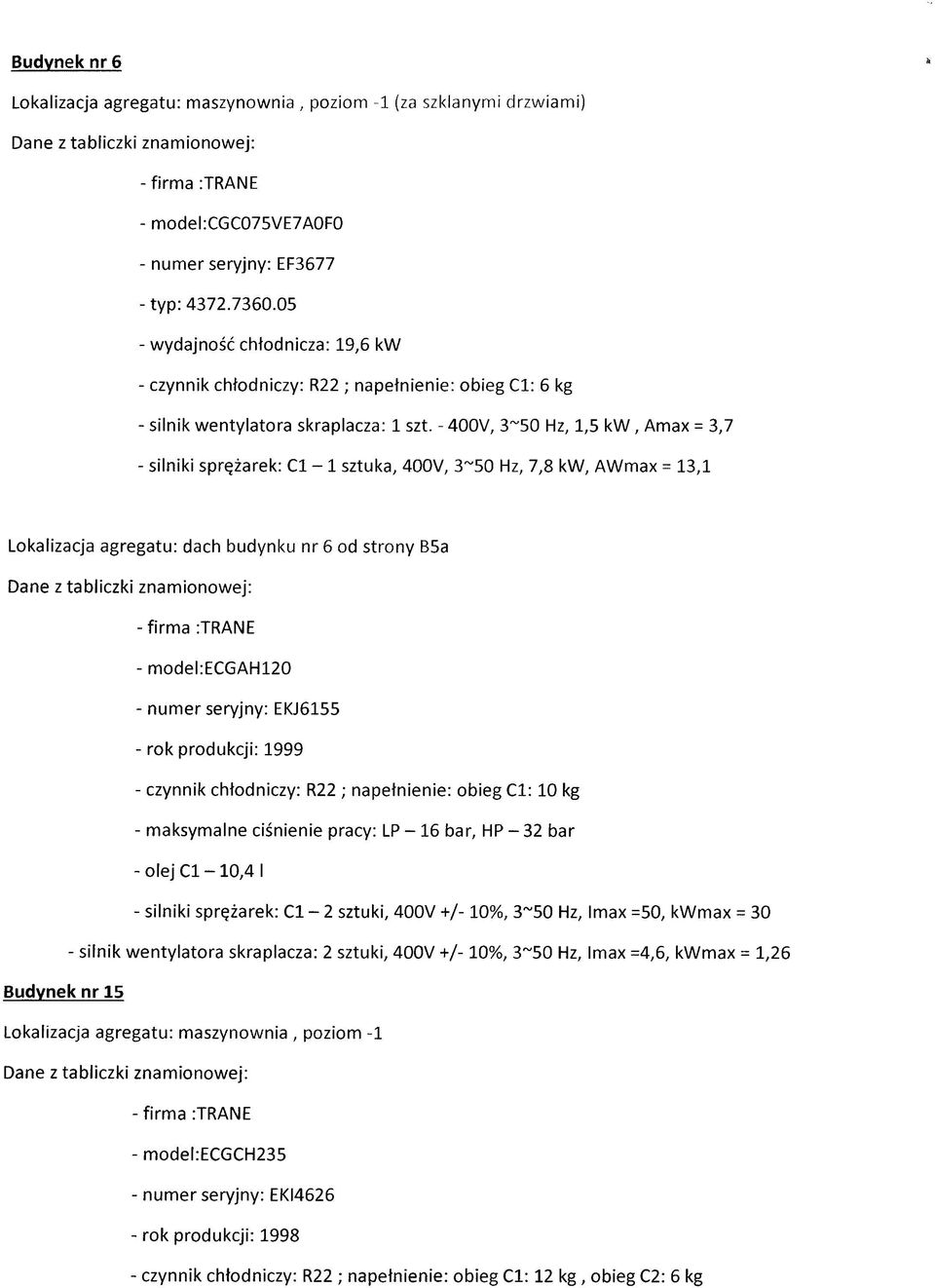 - 400V, 3~50 Hz, 1,5 kw, Amax = 3,7 - silniki sprężarek: C l - 1 sztuka, 400V, 3'"50 Hz, 7,8 kw, AWmax = 13,1 Lokalizacja agregatu: dach budynku nr 6 od strony B5a - model:ecgah120 - numer seryjny:
