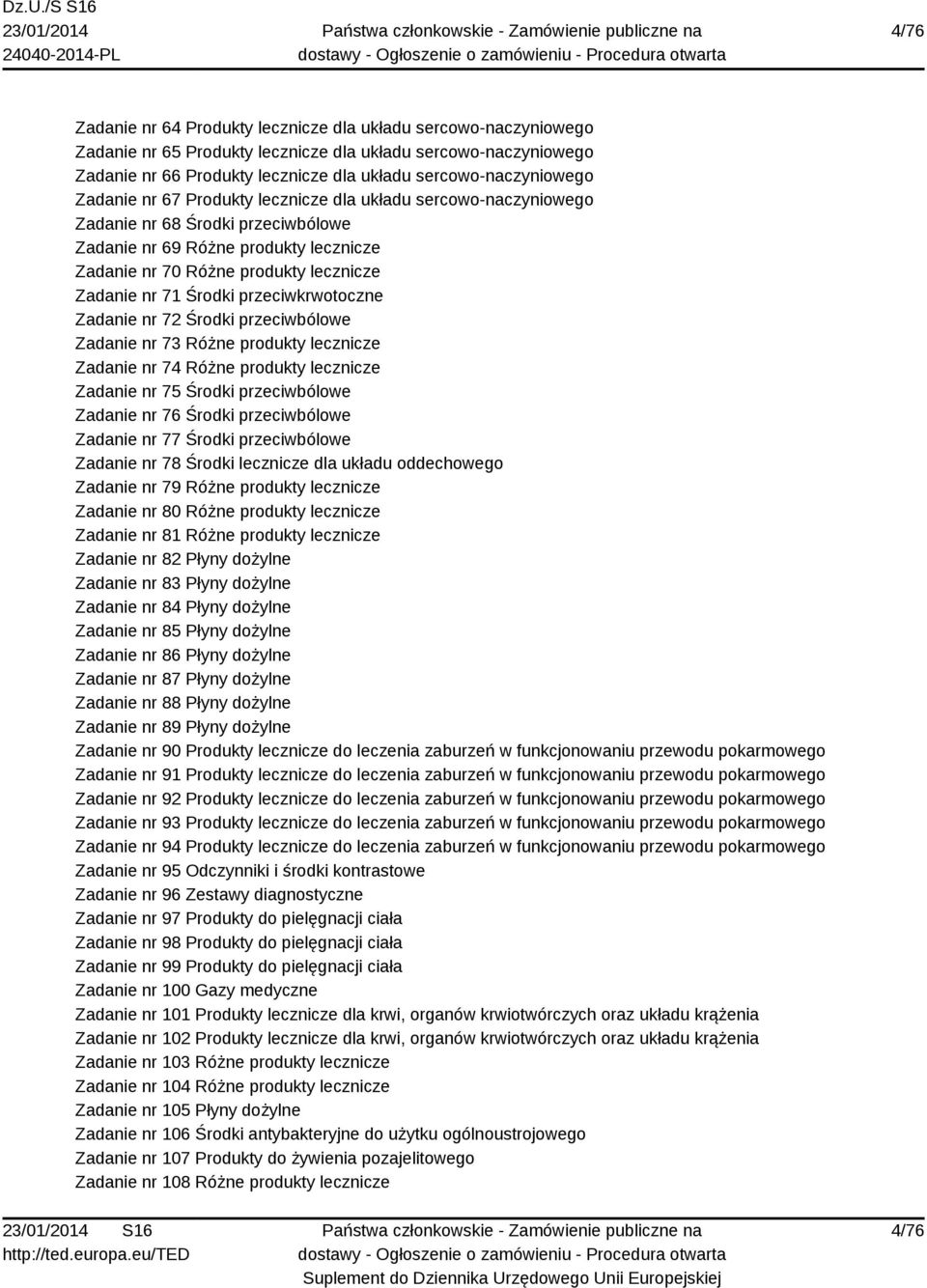 przeciwkrwotoczne Zadanie nr 72 Środki przeciwbólowe Zadanie nr 73 Różne produkty lecznicze Zadanie nr 74 Różne produkty lecznicze Zadanie nr 75 Środki przeciwbólowe Zadanie nr 76 Środki