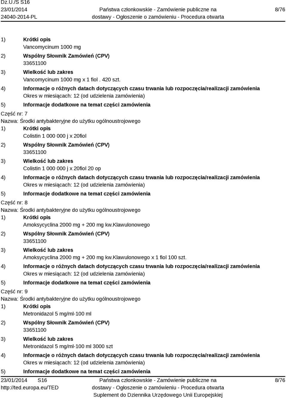 20 op Część nr: 8 Nazwa: Środki antybakteryjne do użytku ogólnoustrojowego Amoksycyclina 2000 mg + 200 mg kw.