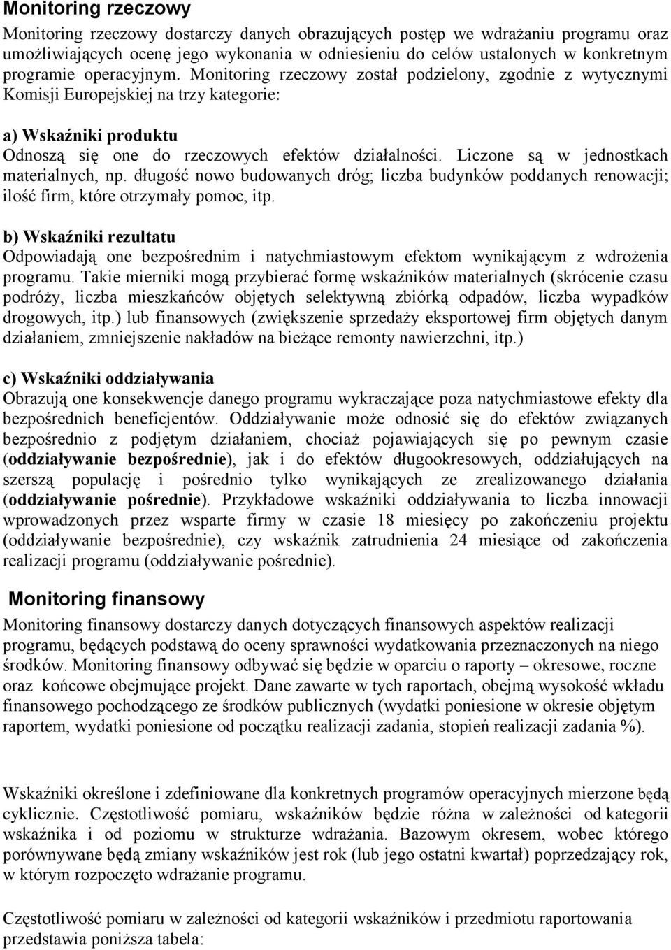 Liczone są w jednostkach materialnych, np. długość nowo budowanych dróg; liczba budynków poddanych renowacji; ilość firm, które otrzymały pomoc, itp.