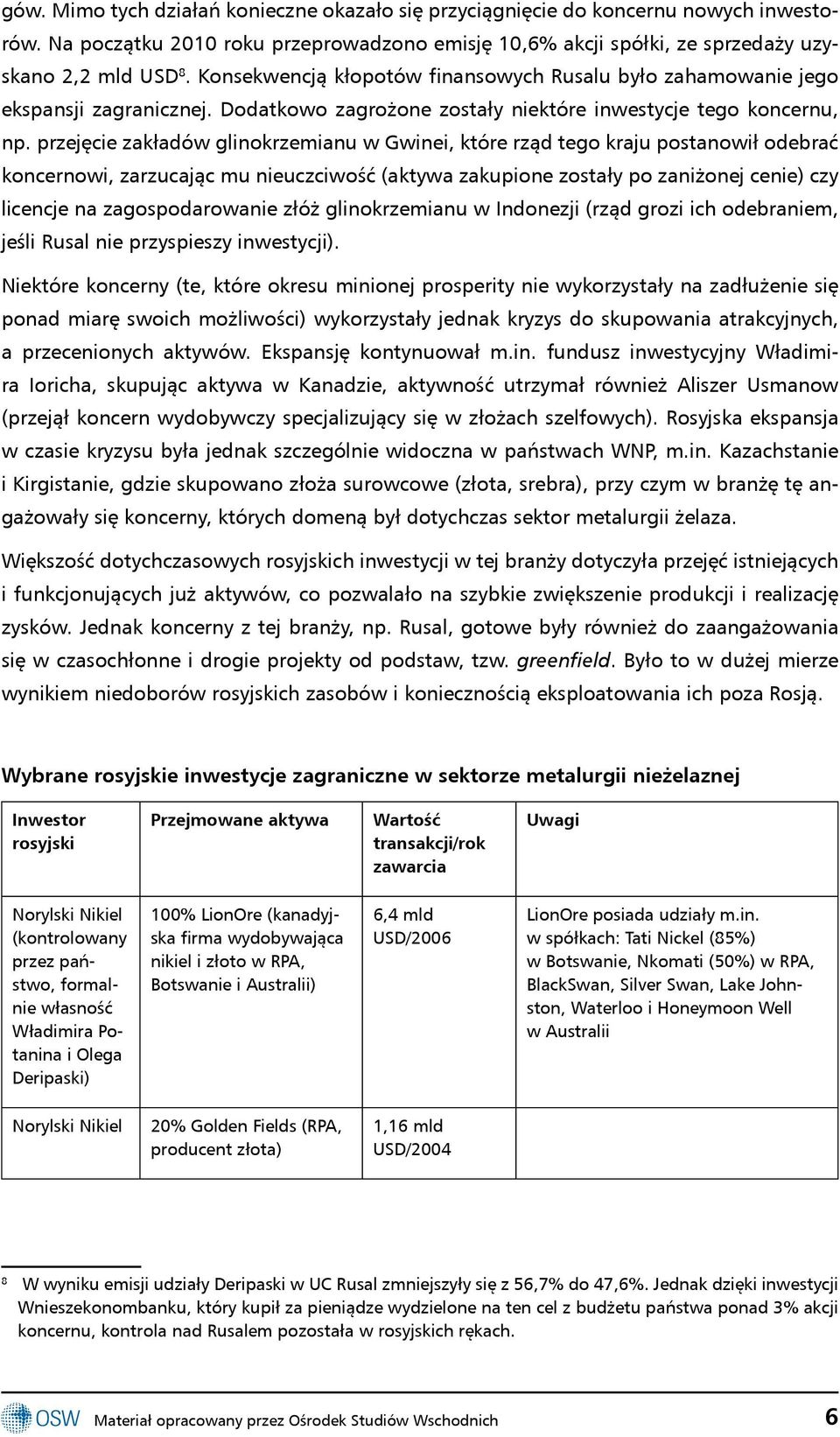 przejęcie zakładów glinokrzemianu w Gwinei, które rząd tego kraju postanowił odebrać koncernowi, zarzucając mu nieuczciwość (aktywa zakupione zostały po zaniżonej cenie) czy licencje na