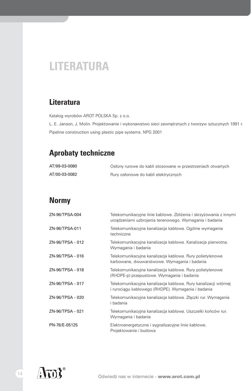 NPG 2001 Aprobaty techniczne AT/99030080 AT/00030082 Os³ony rurowe do kabli stosowane w przestrzeniach otwartych Rury os³onowe do kabli elektrycznych Normy ZN96/TPA004 ZN96/TPA011 ZN96/TPA 012