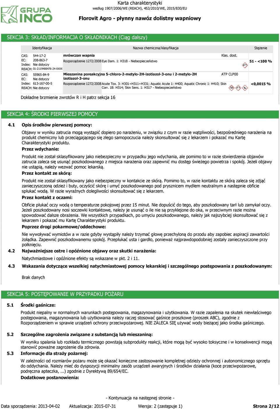 izotiazol-3-onu Rozporządzenie 1272/2008 Acute Tox. 3: H301+H311+H331; Aquatic Acute 1: H400; Aquatic Chronic 1: H410; Skin Corr. 1B: H314; Skin Sens. 1: H317 - Niebezpieczeństwo Klas. dost.