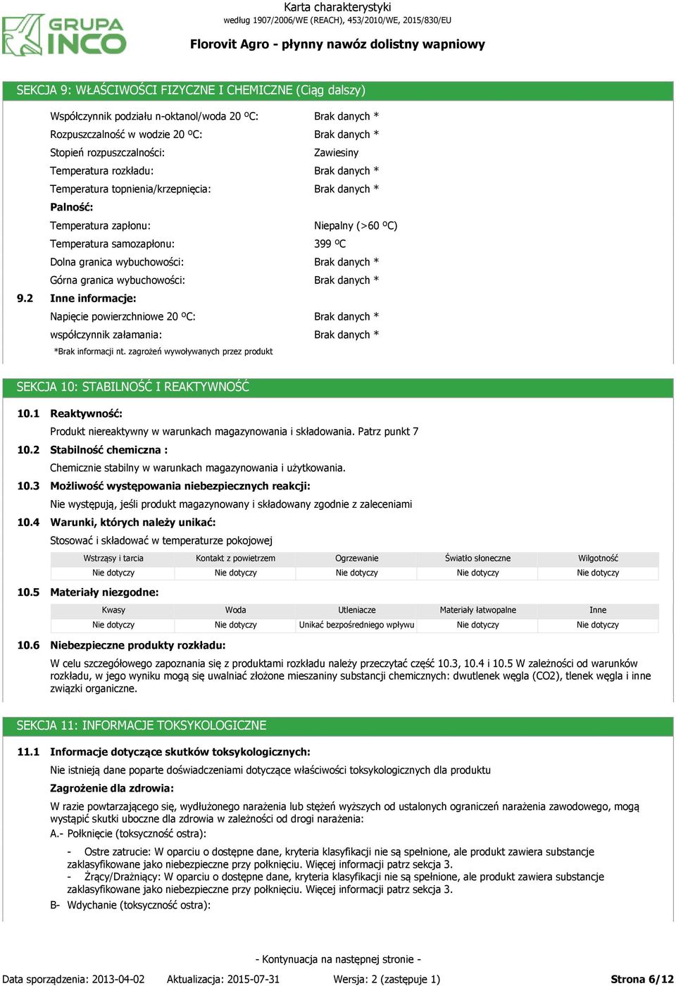 2 Inne informacje: Napięcie powierzchniowe 20 ºC: współczynnik załamania: * * *Brak informacji nt. zagrożeń wywoływanych przez produkt SEKCJA 10: STABILNOŚĆ I REAKTYWNOŚĆ 10.1 10.2 10.