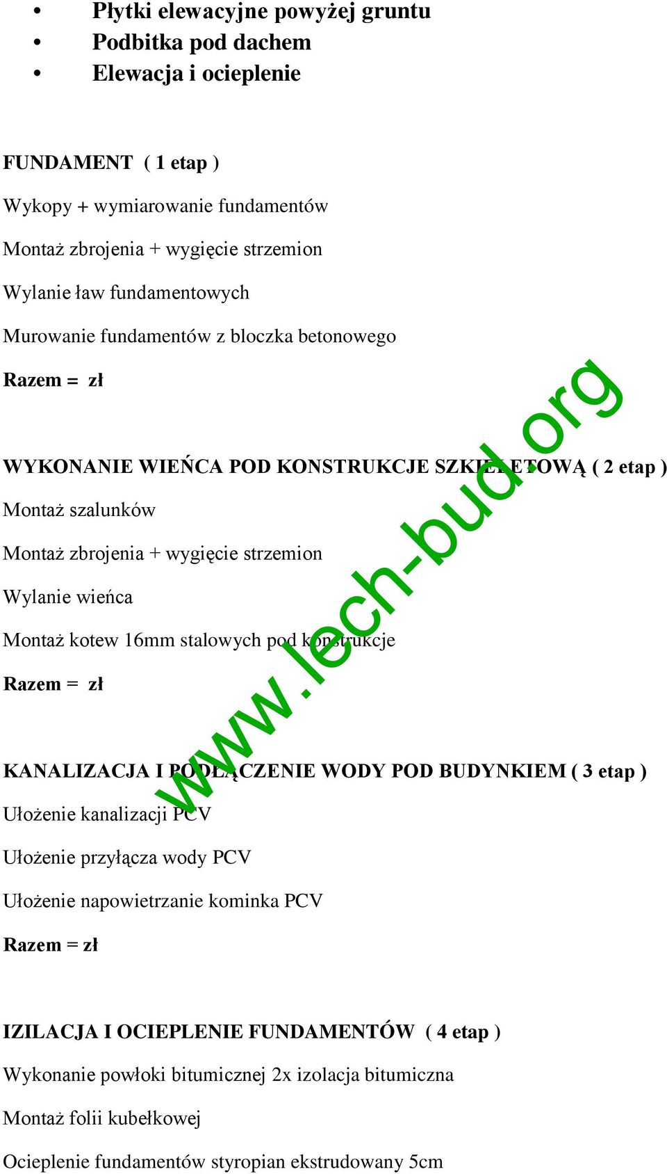 wieńca Montaż kotew 16mm stalowych pod konstrukcje KANALIZACJA I PODŁĄCZENIE WODY POD BUDYNKIEM ( 3 etap ) Ułożenie kanalizacji PCV Ułożenie przyłącza wody PCV Ułożenie