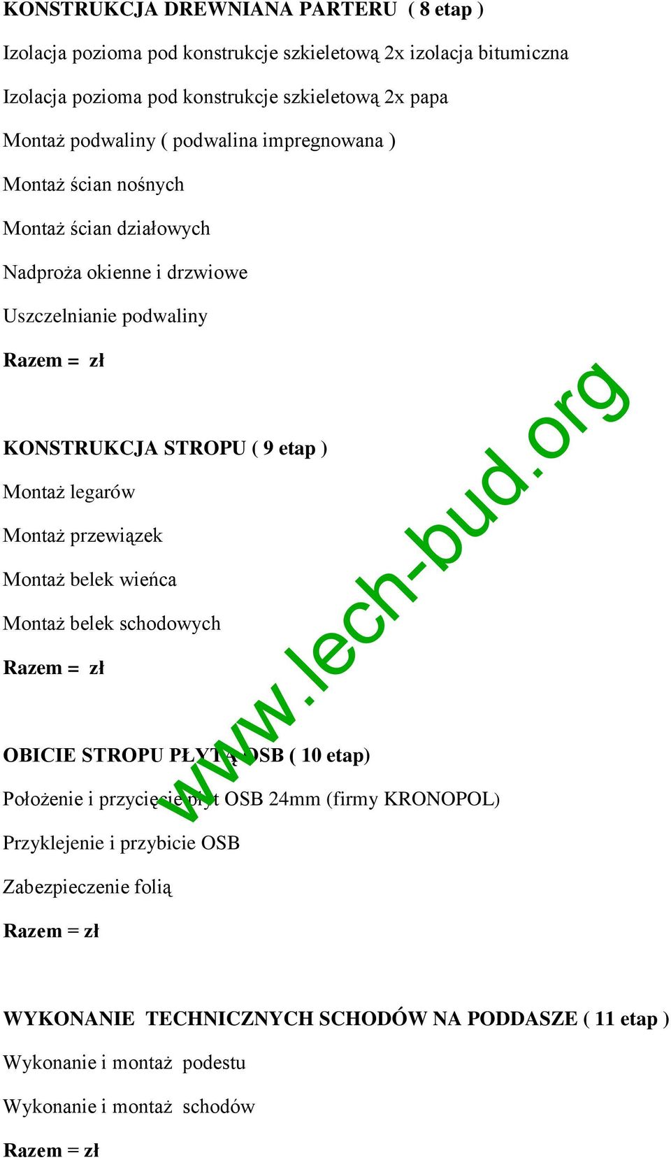 etap ) Montaż legarów Montaż przewiązek Montaż belek wieńca Montaż belek schodowych OBICIE STROPU PŁYTĄ OSB ( 10 etap) Położenie i przycięcie płyt OSB 24mm (firmy