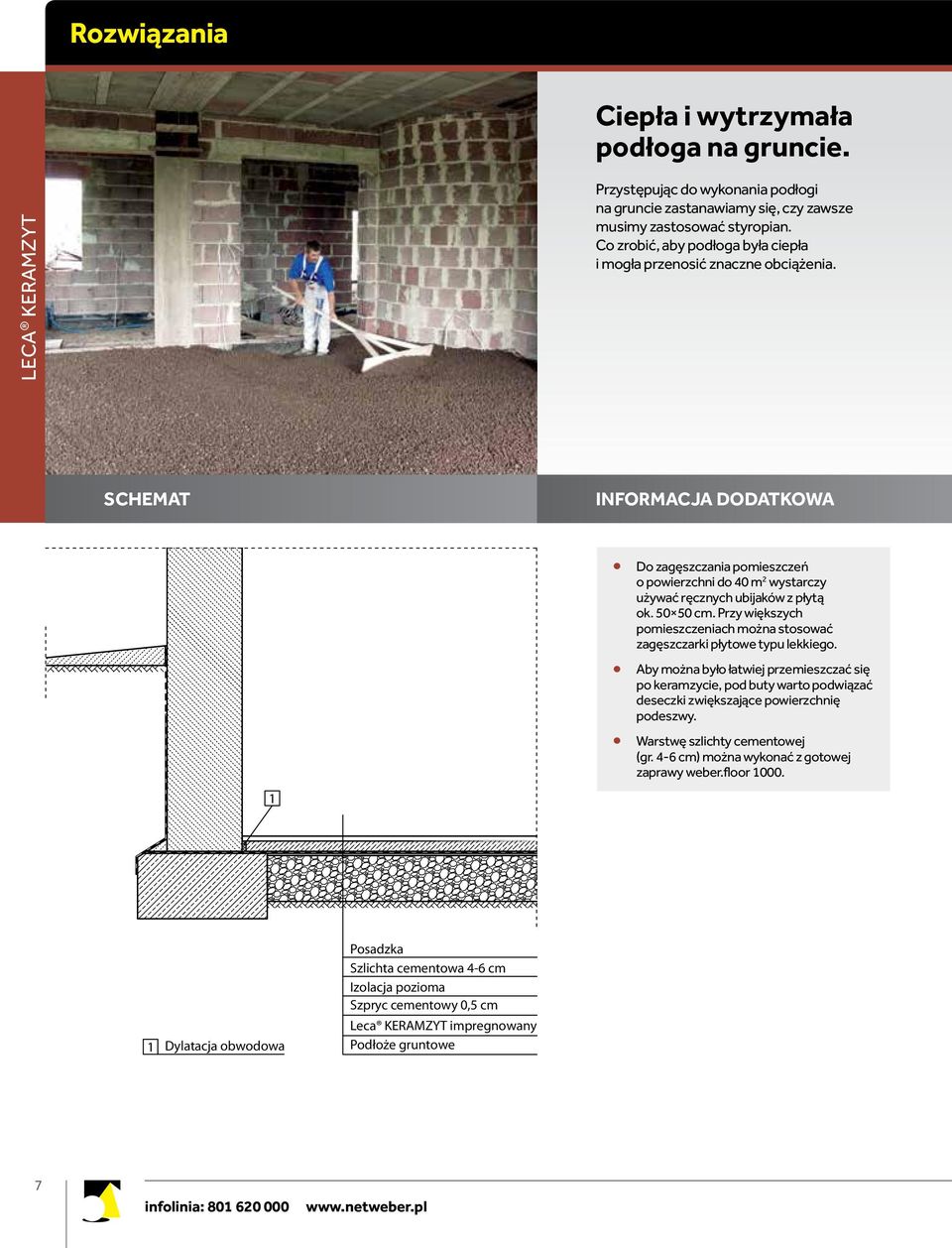 Informacja dodatkowa SCHEMAT Posadzka Szlichta cementowa 4-6 cm Izolacja pozioma Szpryc cementowy 0,5 cm Dylatacja obwodowa Leca KERAMZYT impregnowany Podłoże gruntowe 7 Do zagęszczania pomieszczeń o