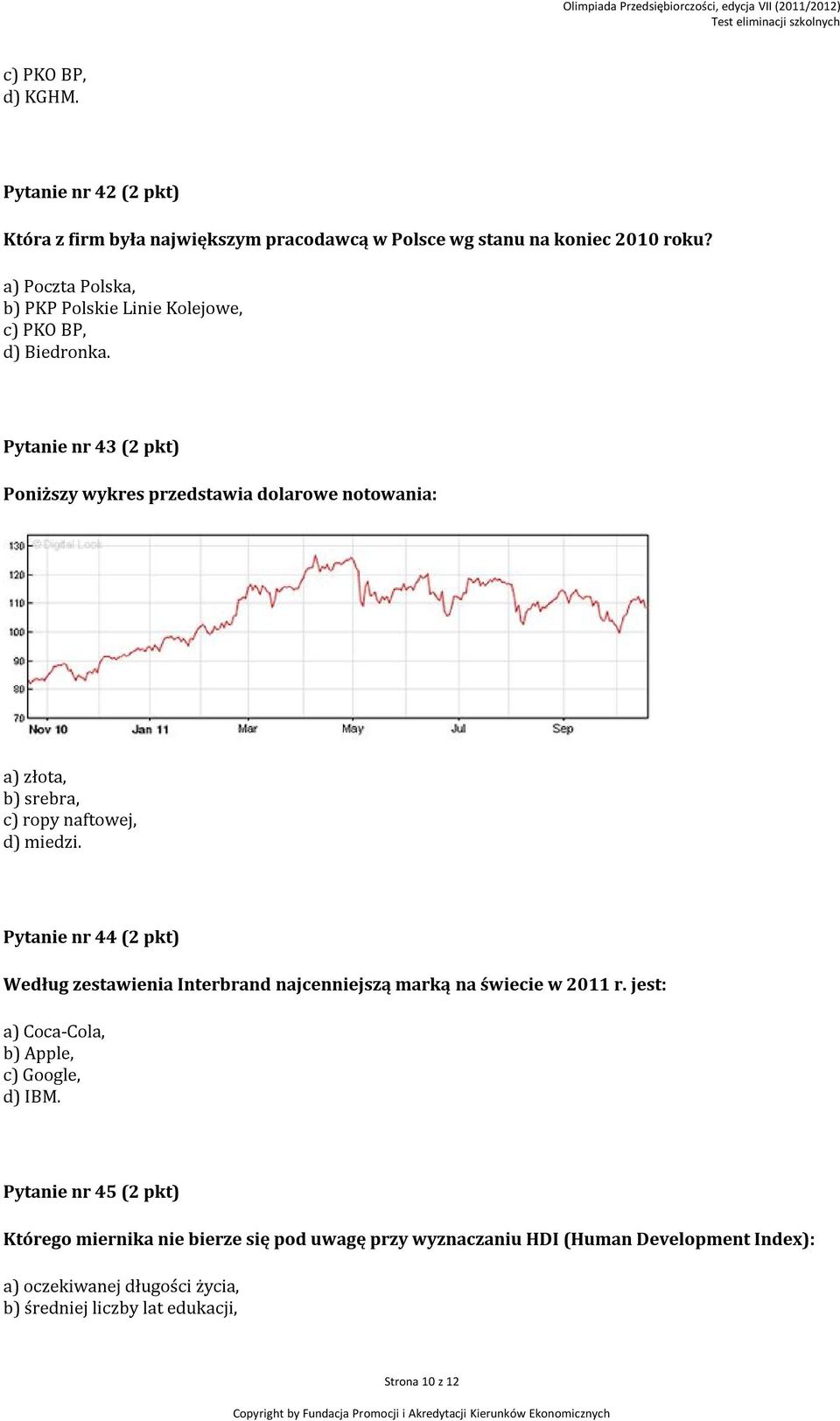 Pytanie nr 43 (2 pkt) Poniższy wykres przedstawia dolarowe notowania: a) złota, b) srebra, c) ropy naftowej, d) miedzi.