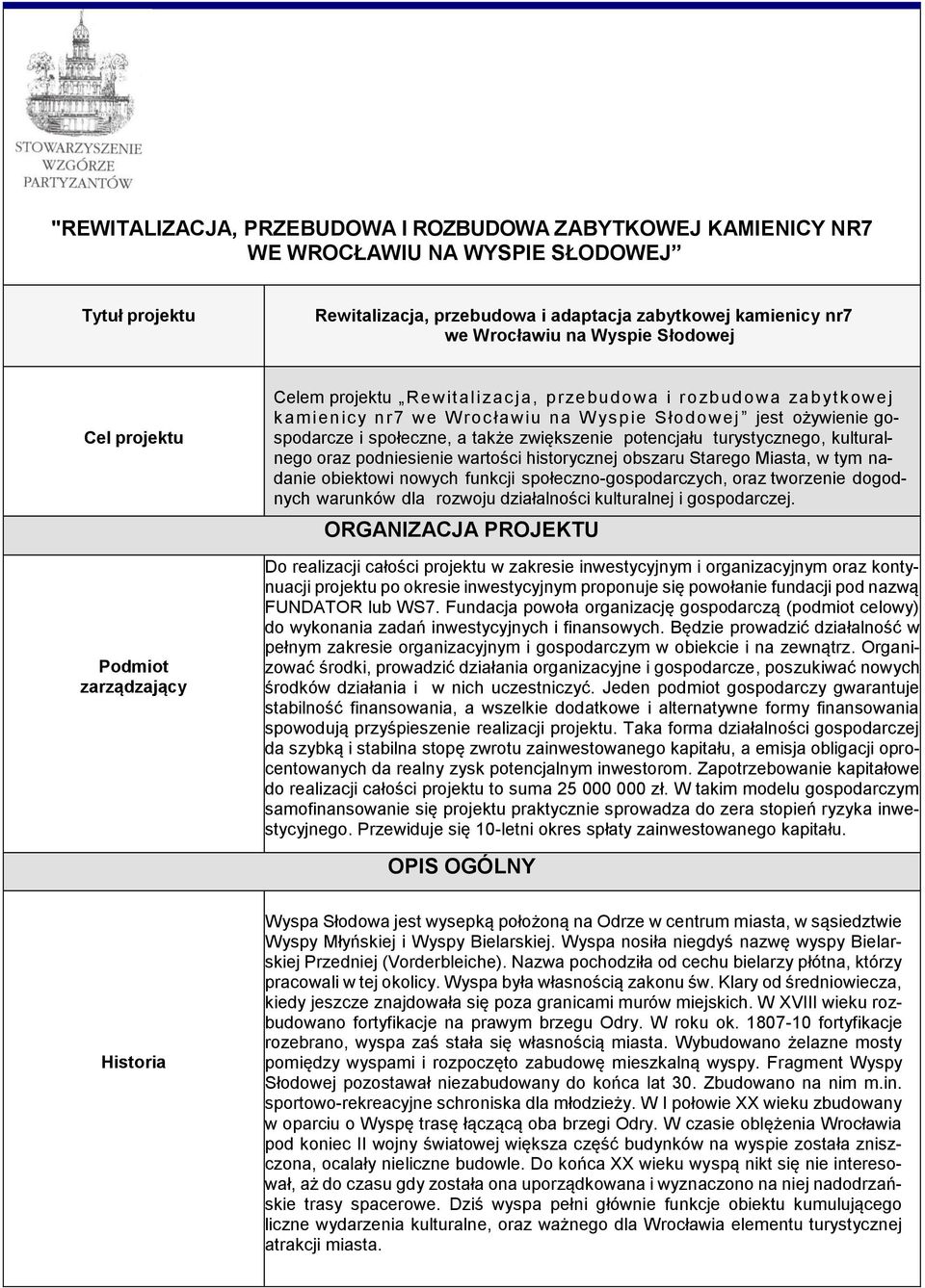 także zwiększenie potencjału turystycznego, kulturalnego oraz podniesienie wartości historycznej obszaru Starego Miasta, w tym nadanie obiektowi nowych funkcji społeczno-gospodarczych, oraz tworzenie