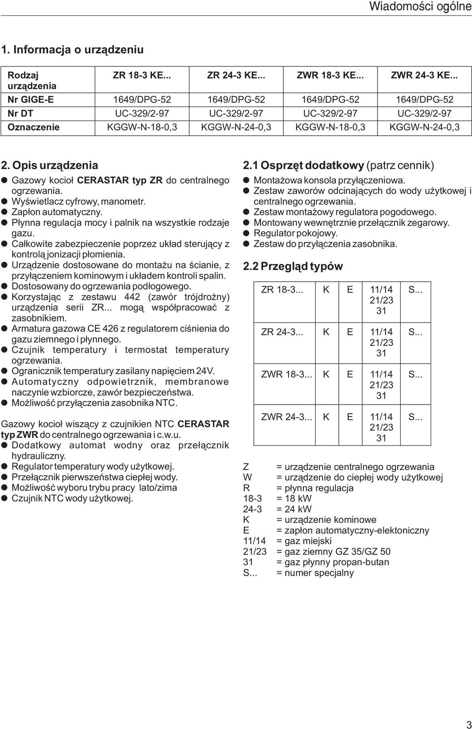 1 sprzêt dodatkowy (patrz cennik) Gazowy kocio³ CERASTAR typ ZR do centralnego ogrzewania. Monta owa konsola przy³¹czeniowa.