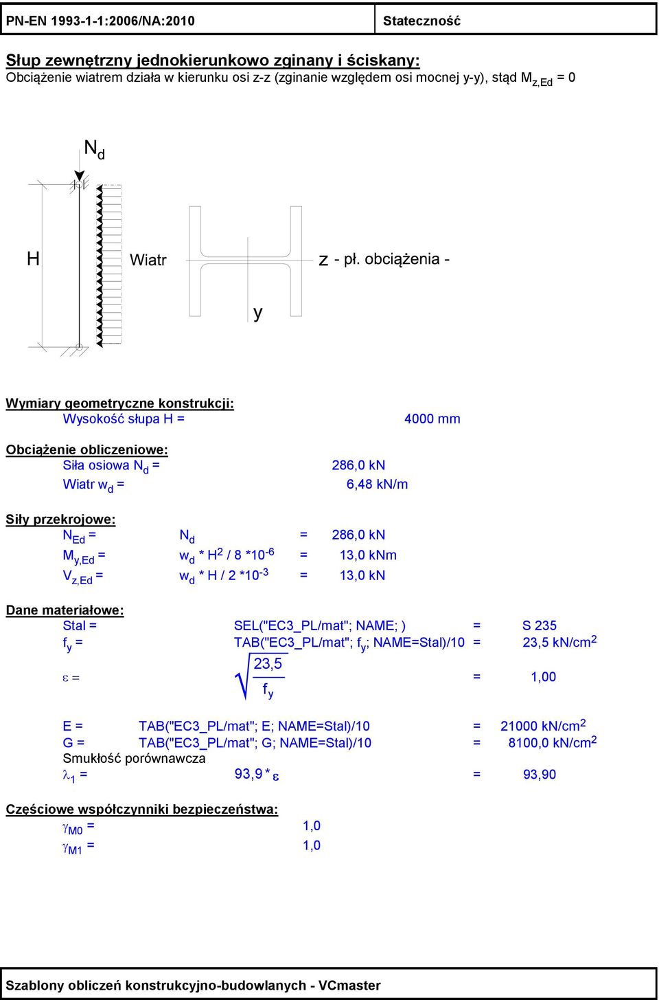 / 8 *10-6 = 13,0 knm V z,ed = w d * H / *10-3 = 13,0 kn Dane materiałowe: Stal = SEL("EC3_PL/mat"; NAME; ) = S 35 = TAB("EC3_PL/mat"; ; NAME=Stal)/10 = 3,5 kn/cm ε = 3,5 = 1,00 E =