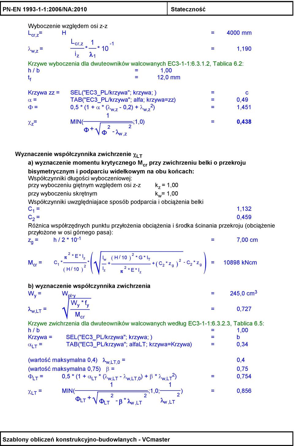 Φ+ Φ - λ w,z Wyznaczenie współczynnika zwichrzenie χ LT a) wyznaczenie momentu krytycznego M cr przy zwichrzeniu belki o przekroju bisymetrycznym i podparciu widełkowym na obu końcach: Współczynniki