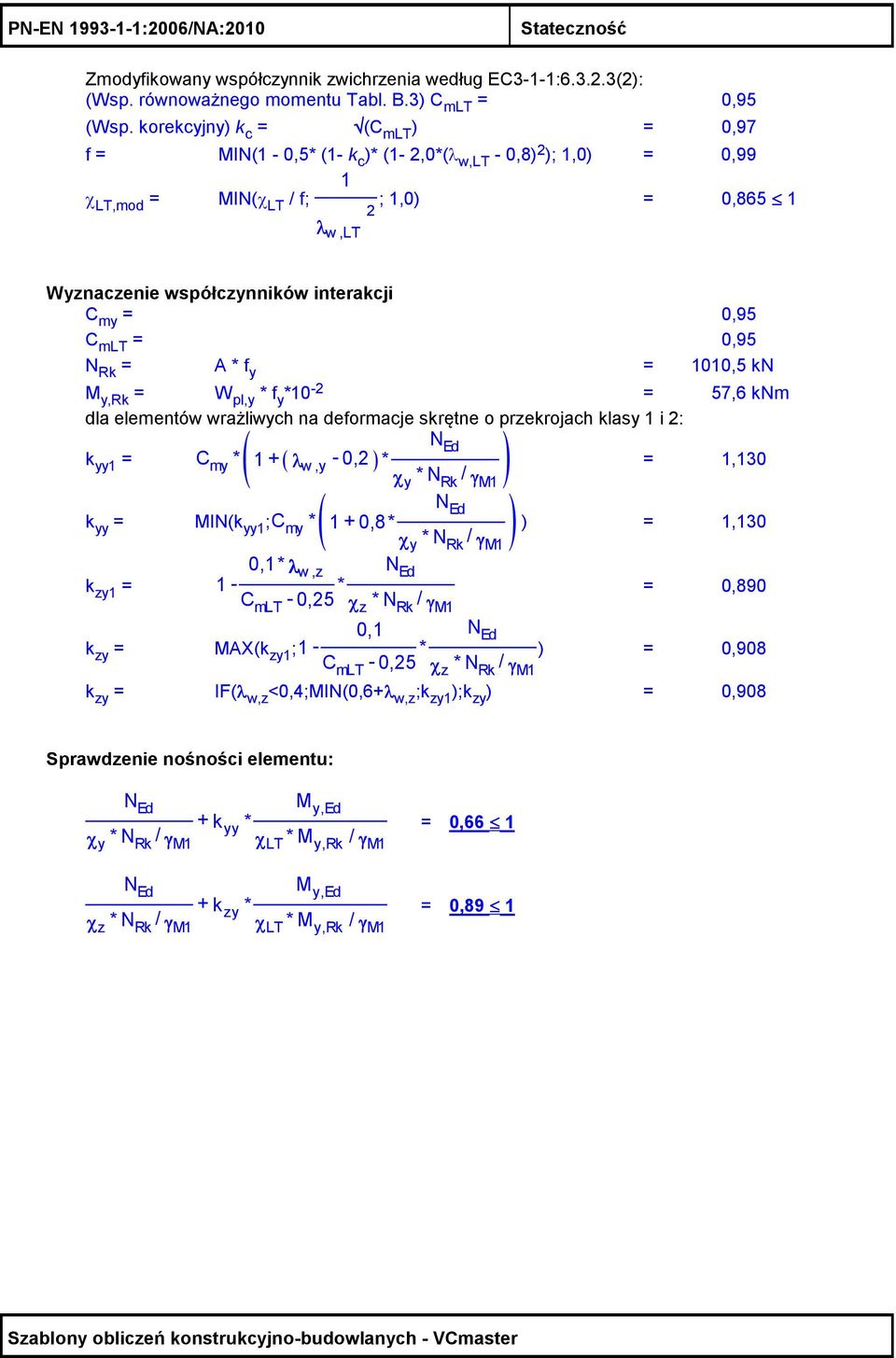 mlt = 0,95 N Rk = A * = 1010,5 kn M y,rk = W pl,y * *10 - = 57,6 knm dla elementów wrażliwych na deformacje skrętne o przekrojach klasy 1 i : k yy1 = ( N Ed ) C my * + ( λ w,y -0, ) * χ y * N Rk / γ