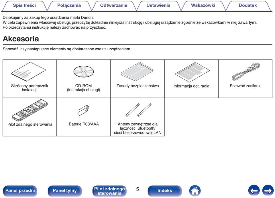 Po przeczytaniu instrukcję należy zachować na przyszłość. Akcesoria Sprawdź, czy następujące elementy są dostarczone wraz z urządzeniem.