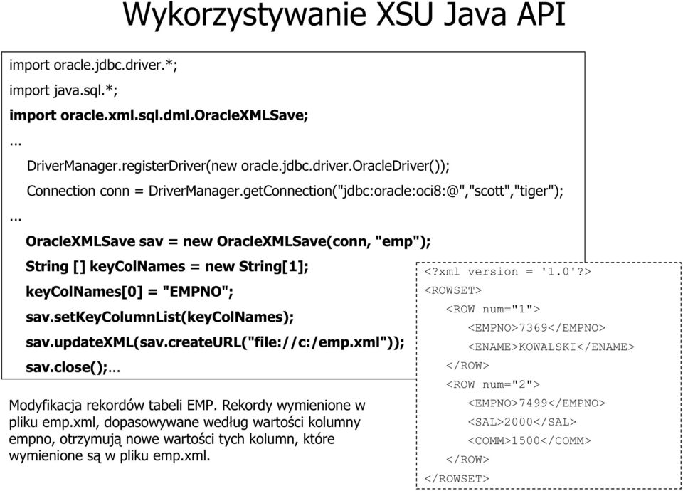 setkeycolumnlist(keycolnames); sav.updatexml(sav.createurl("file://c:/emp.xml")); sav.close(); Modyfikacja rekordów tabeli EMP. Rekordy wymienione w pliku emp.