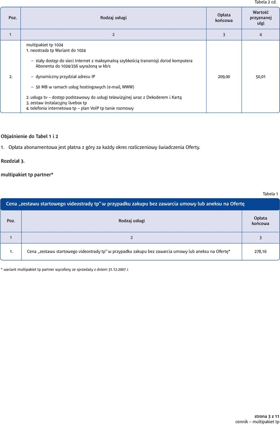 usługa tv dostęp podstawowy do usługi telewizyjnej wraz z Dekoderem i Kartą 209,00 50,01 ObjaÊnienie do Tabel 1 i 2 1. abonamentowa jest p atna z góry za ka dy okres rozliczeniowy Êwiadczenia Oferty.