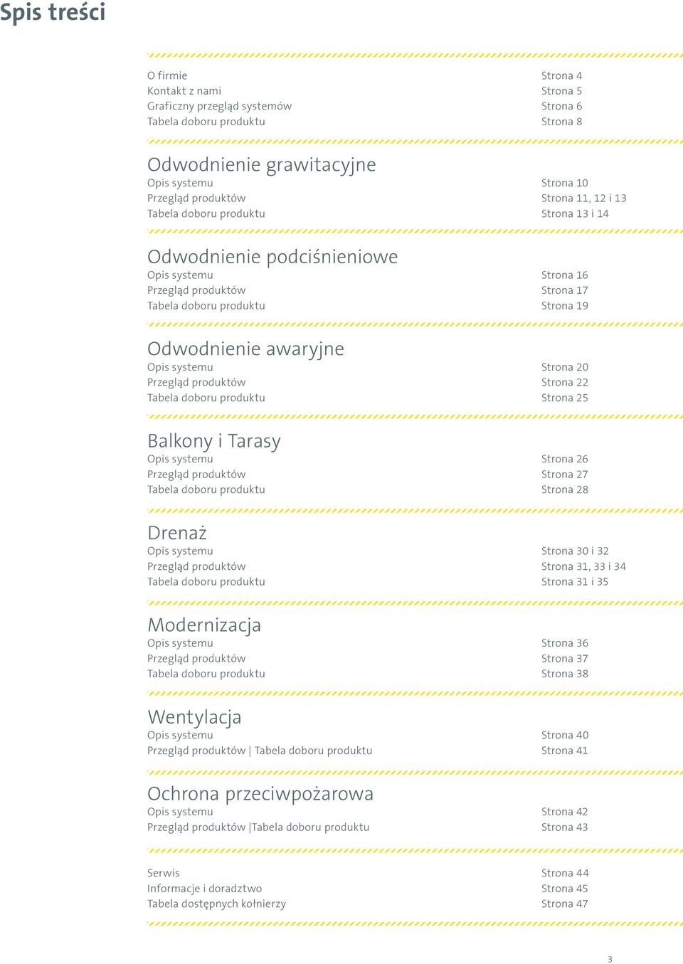 Strona 20 Przegląd produktów Strona 22 Tabela doboru produktu Strona 25 Balkony i Tarasy Opis systemu Strona 26 Przegląd produktów Strona 27 Tabela doboru produktu Strona 28 Drenaż Opis systemu